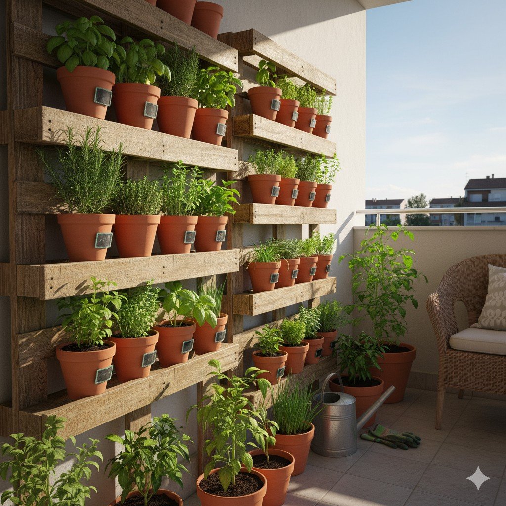 Foto realista de varanda com horta vertical feita de pallets reaproveitados e vasos com temperos verdes. DIY sustentável para varanda