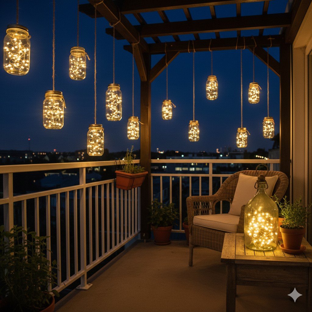 Foto realista de varanda iluminada à noite com luminárias feitas de potes de vidro reciclados e luz LED quente.