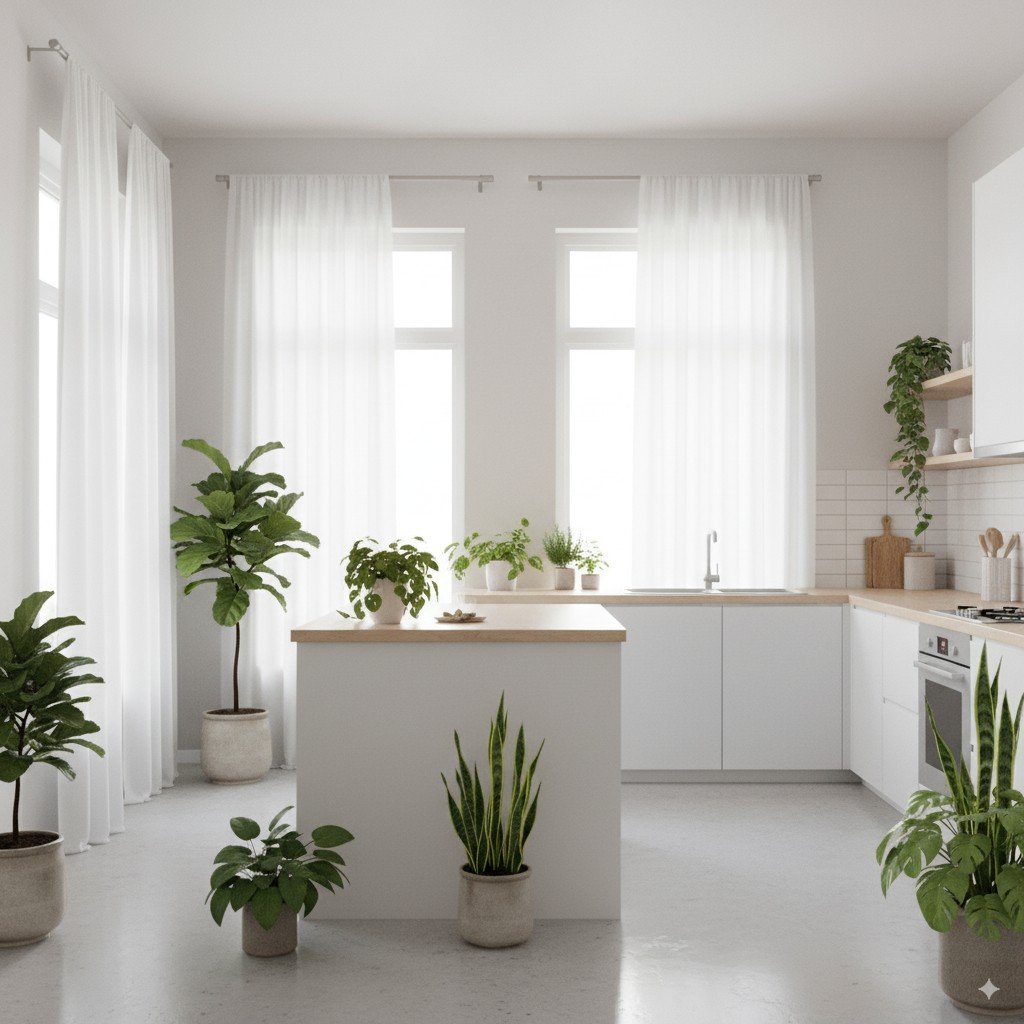 Foto realista de cozinha com janelas abertas, iluminação natural e vasos de temperos verdes na bancada.