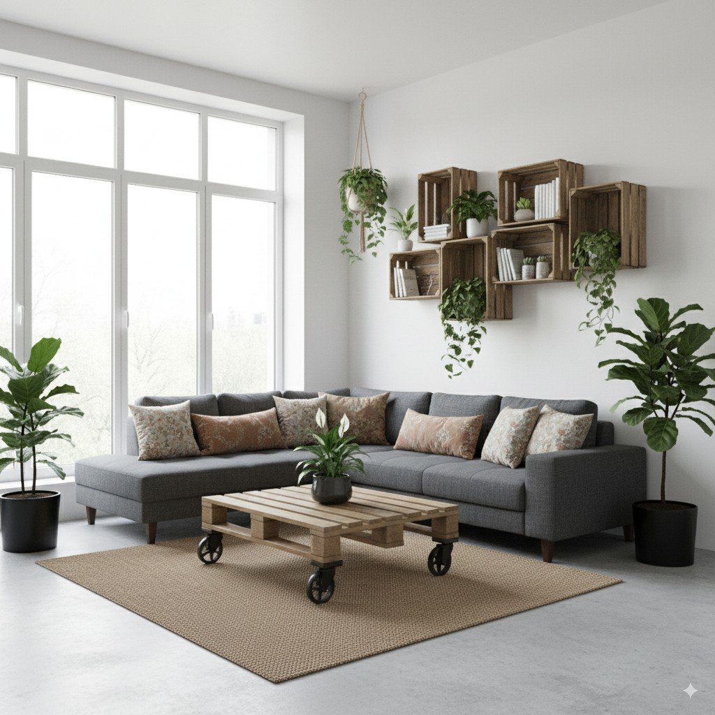 Fotografia realista de uma sala clara com plantas e móveis de madeira reaproveitada, simbolizando mudanças sustentáveis em casa. mudanças