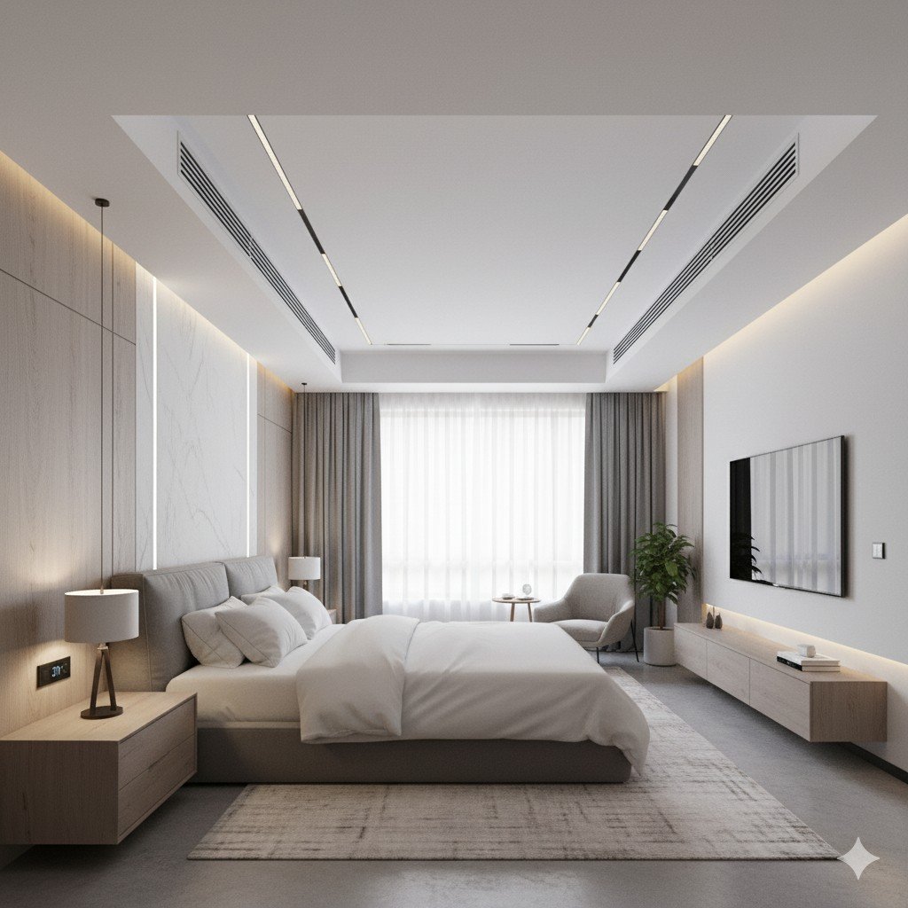 Quarto moderno climatizado com ar-condicionado inteligente embutido.