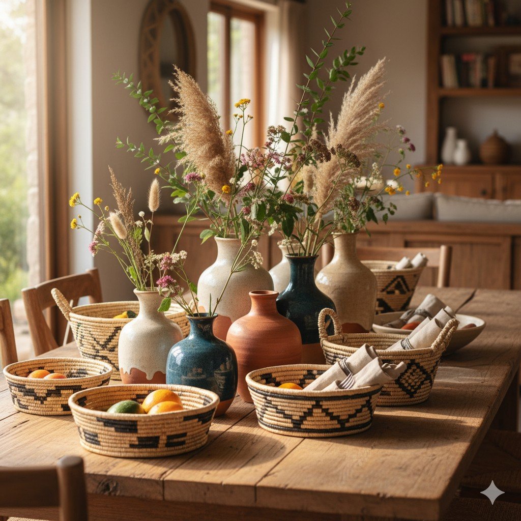 Foto realista de mesa decorada com arranjos em cerâmica artesanal e cestos de palha locais.