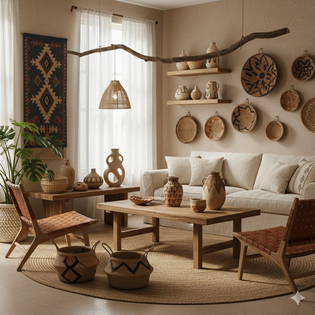 Foto realista de sala decorada com artesanato local: cestos de fibras naturais, cerâmicas e móveis de madeira certificada. Decoração Sustentável