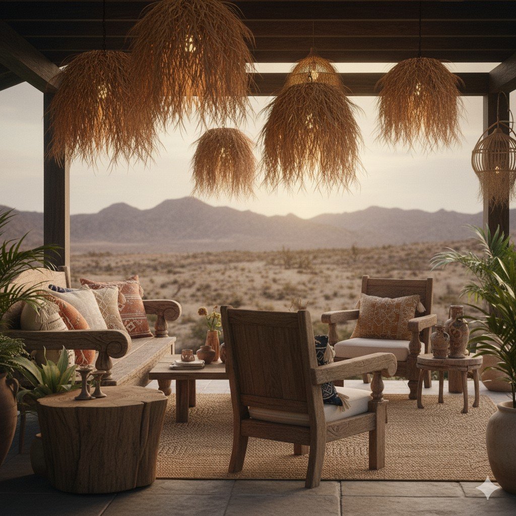 Foto realista de varanda decorada com móveis de madeira rústica, almofadas artesanais e lanternas de palha natural.