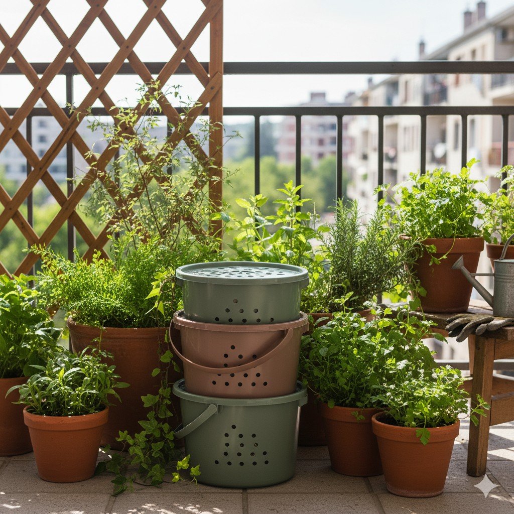 Sistema de compostagem doméstica simples feito com baldes plásticos reciclados em varanda com plantas Foto realista de varanda com composteira doméstica feita em baldes plásticos reciclados, ao lado de plantas verdes e ervas frescas. compostagem doméstica