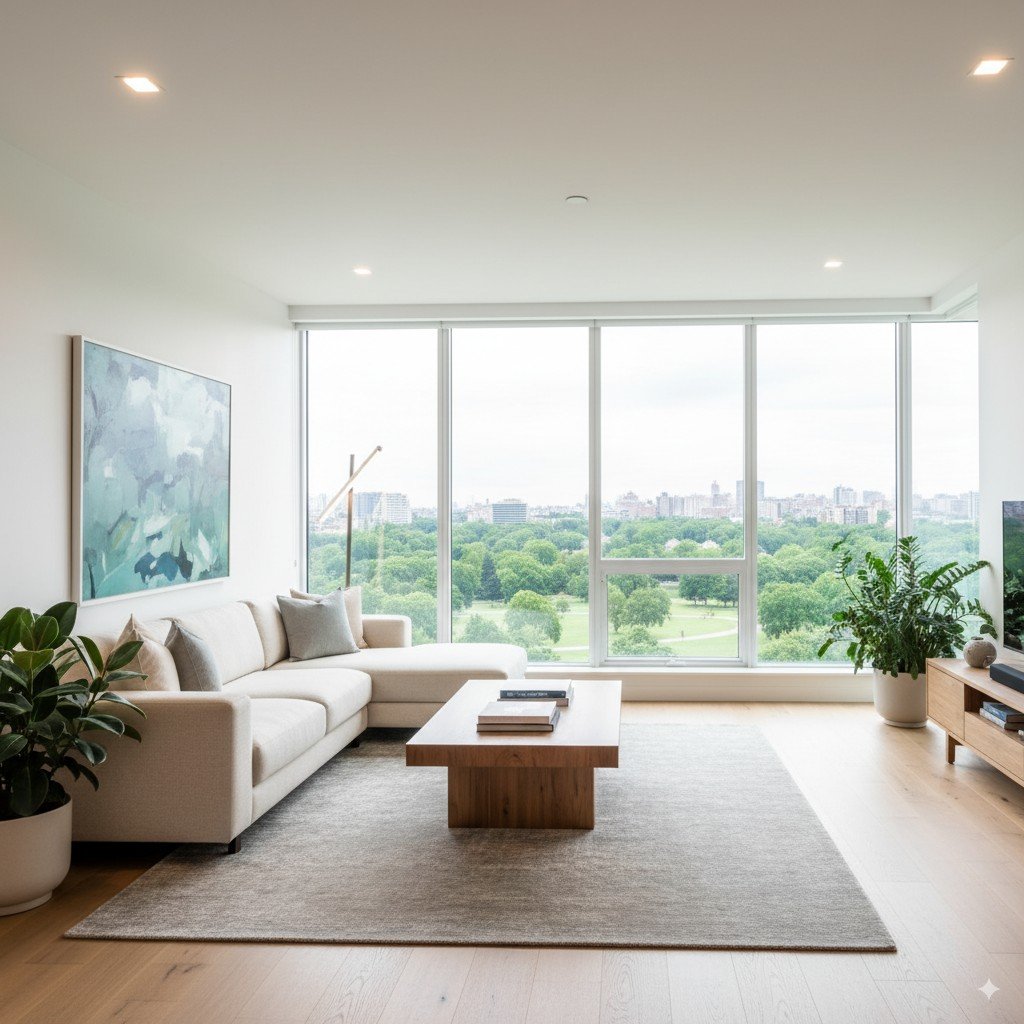 Foto realista de sala iluminada com lâmpadas de LED e janelas amplas aproveitando luz natural. casa sustentável