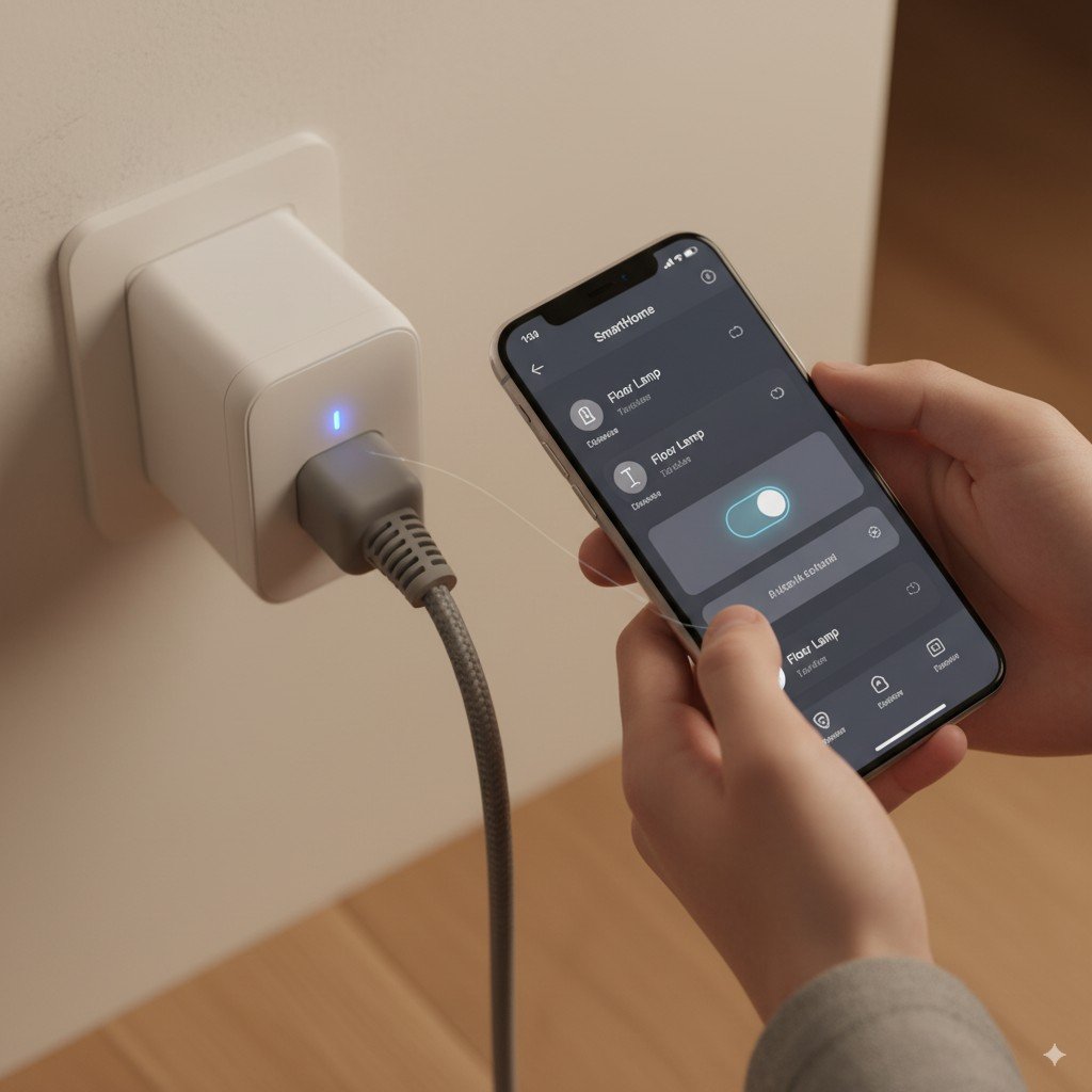 Foto realista mostrando close-up de tomada inteligente controlada por aplicativo em celular. casa sustentável