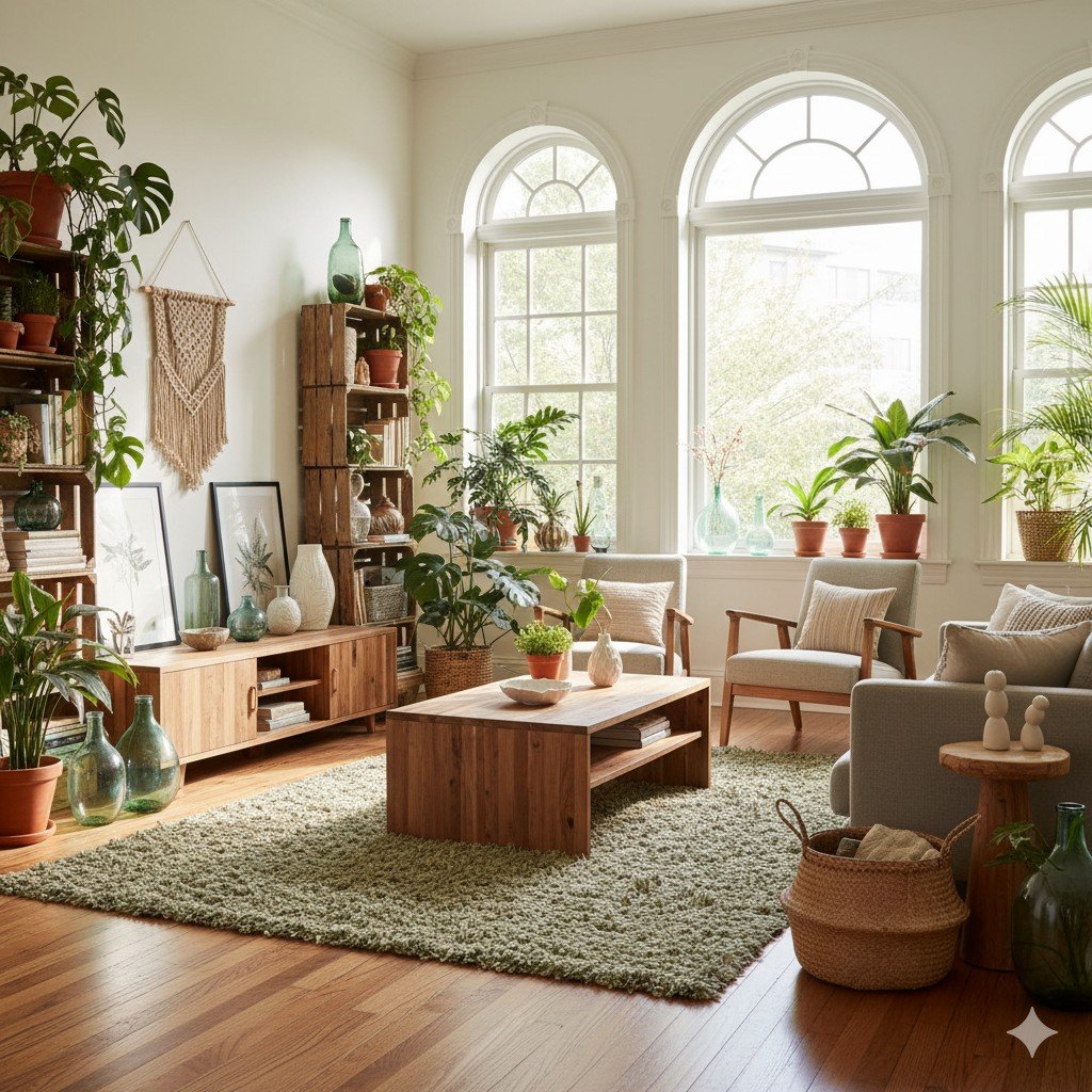 Foto realista de uma sala iluminada naturalmente, com plantas, móveis em madeira reciclada e objetos decorativos ecológicos. hábitos sustentáveis