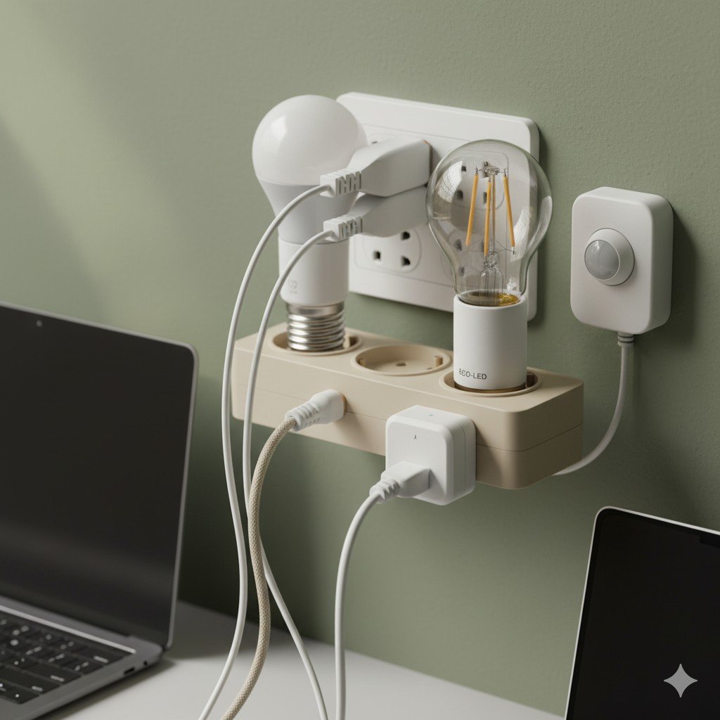 Close-up realista de tomada com aparelhos desligados e lâmpadas LED ecológicas. hábitos sustentáveis