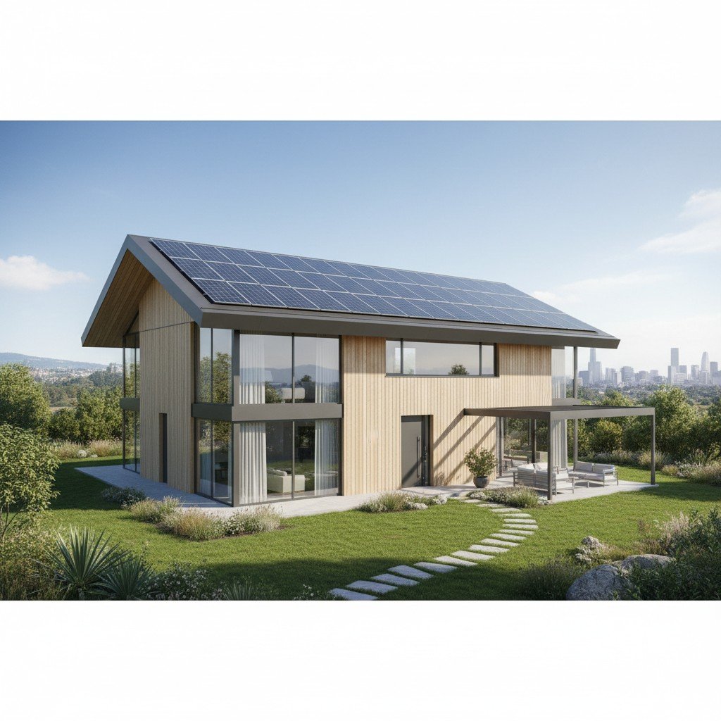 Vista ampla de casa moderna com painéis solares no telhado, janelas grandes aproveitando luz natural. casa sustentável