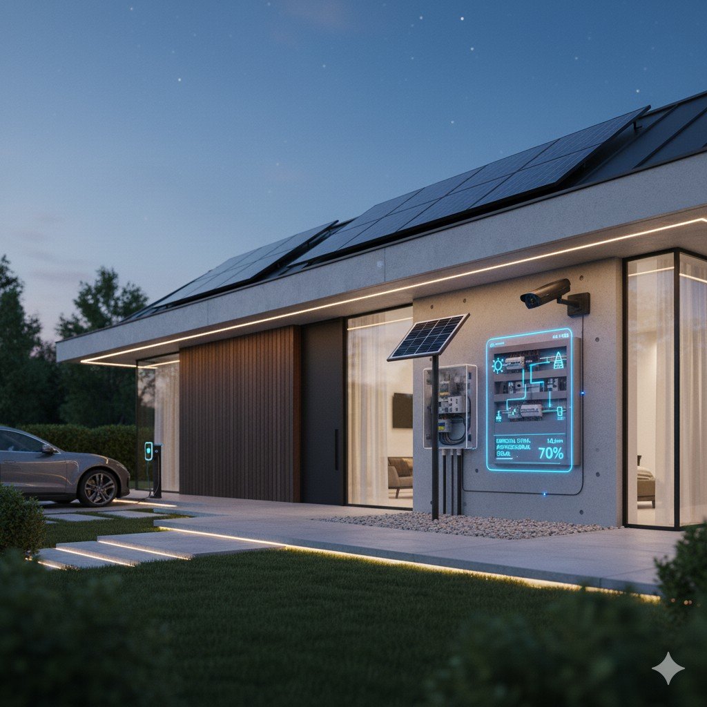 Foto realista de fachada residencial moderna com câmera de segurança inteligente alimentada por energia solar.