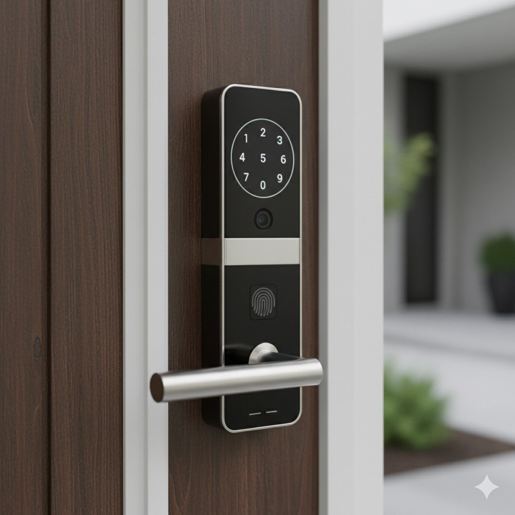 Close-up realista de uma fechadura eletrônica inteligente instalada em porta de madeira moderna.