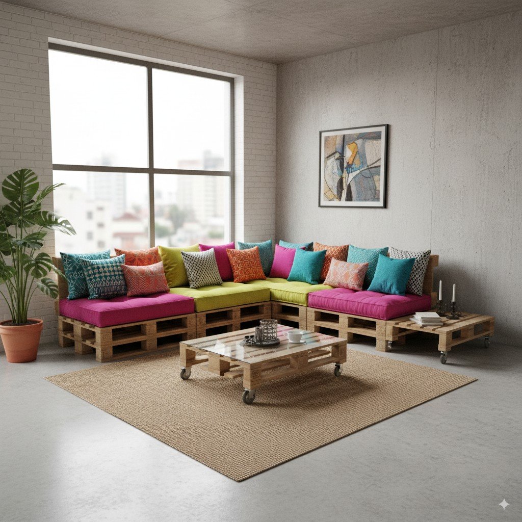 Sala moderna com sofá de pallets reciclados e almofadas coloridas. materiais reciclados na decoração