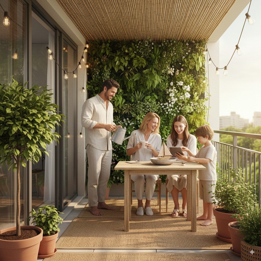 Foto realista de família reunida em varanda sustentável com jardim vertical e iluminação natural.