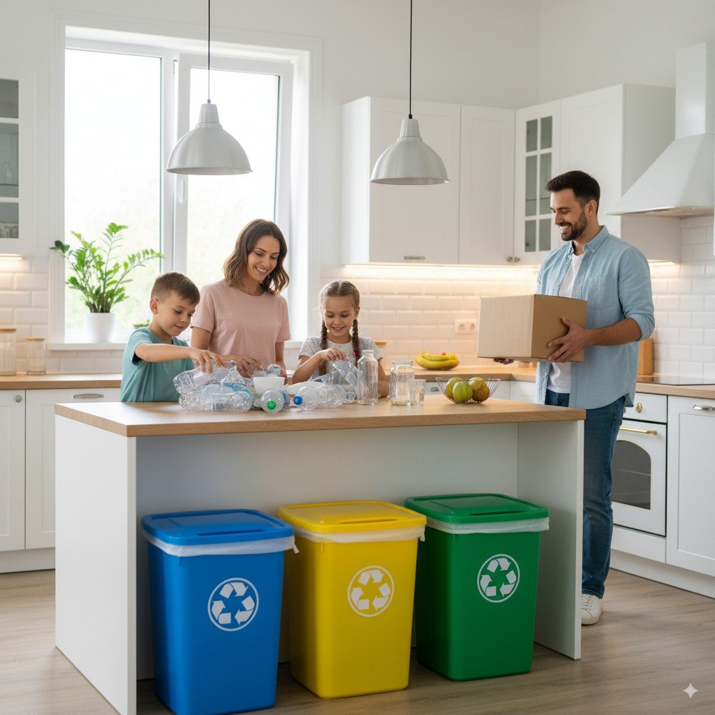 Foto realista de família em cozinha iluminada organizando resíduos recicláveis em lixeiras coloridas. rotina doméstica sustentável