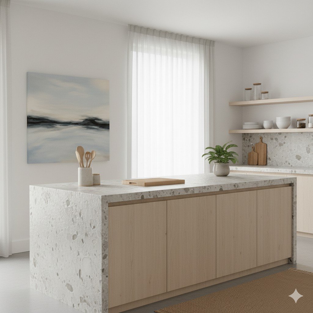 Foto realista de cozinha minimalista com bancada de pedra reaproveitada e utensílios de bambu.