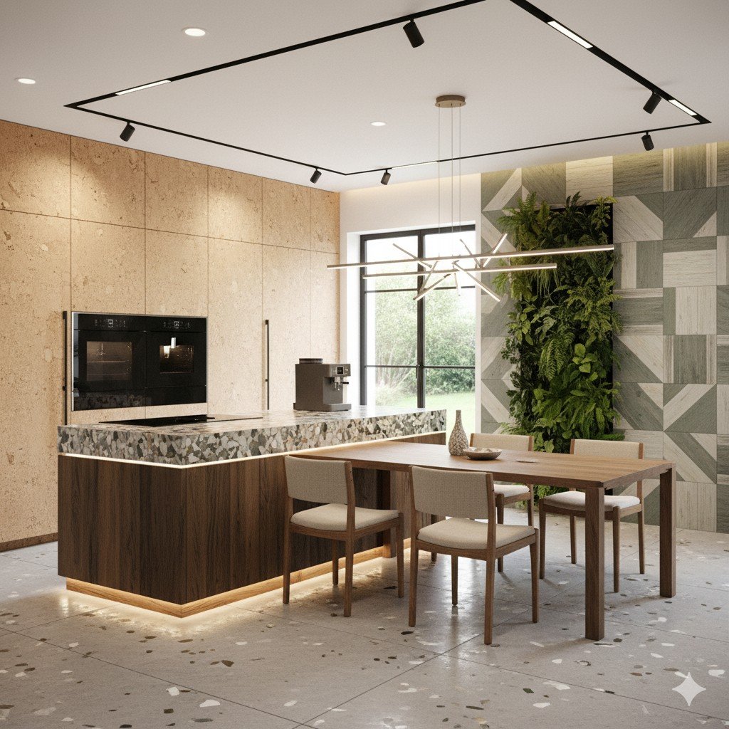 Foto realista de espaço gourmet moderno com revestimentos ecológicos e iluminação LED.