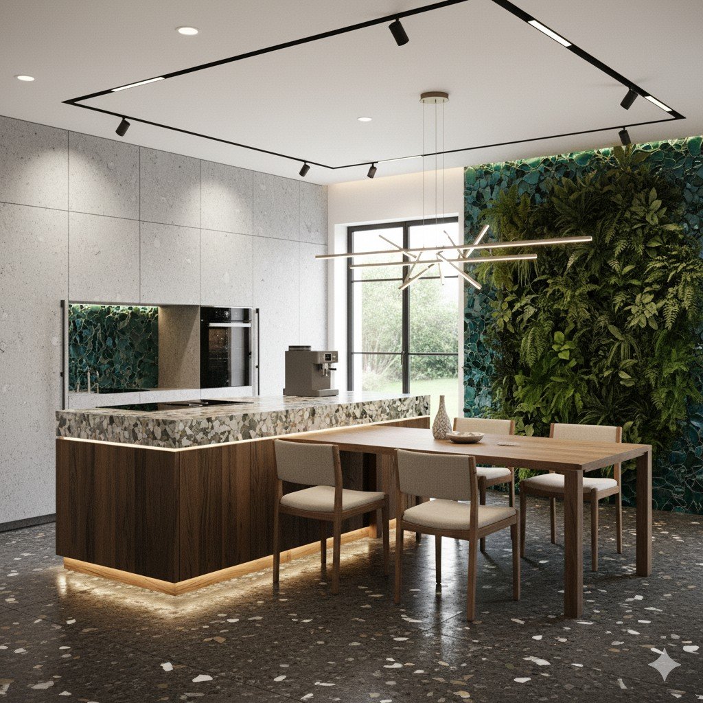 Espaço gourmet iluminado por luz natural e luminárias LED modernas