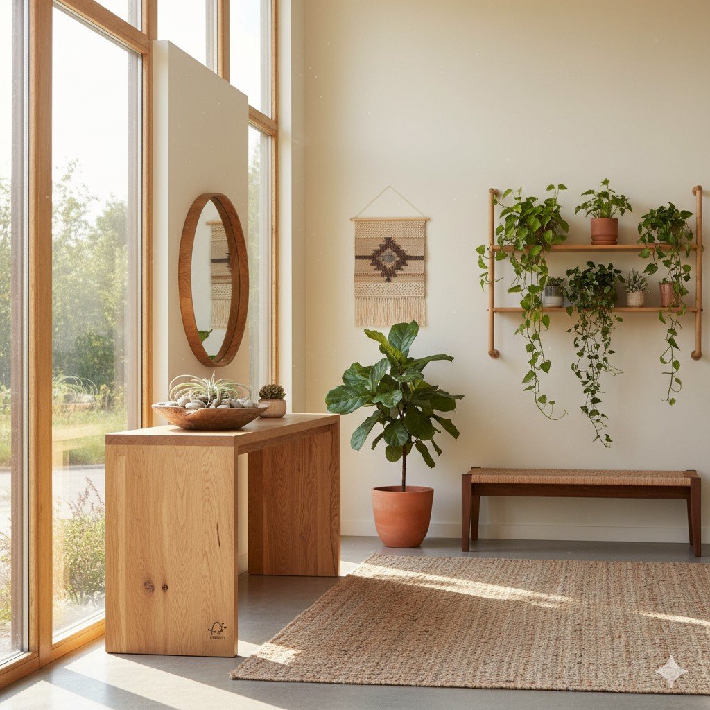 Foto realista de hall de entrada iluminado naturalmente com móveis de madeira certificada e plantas naturais. hall de entrada sustentável