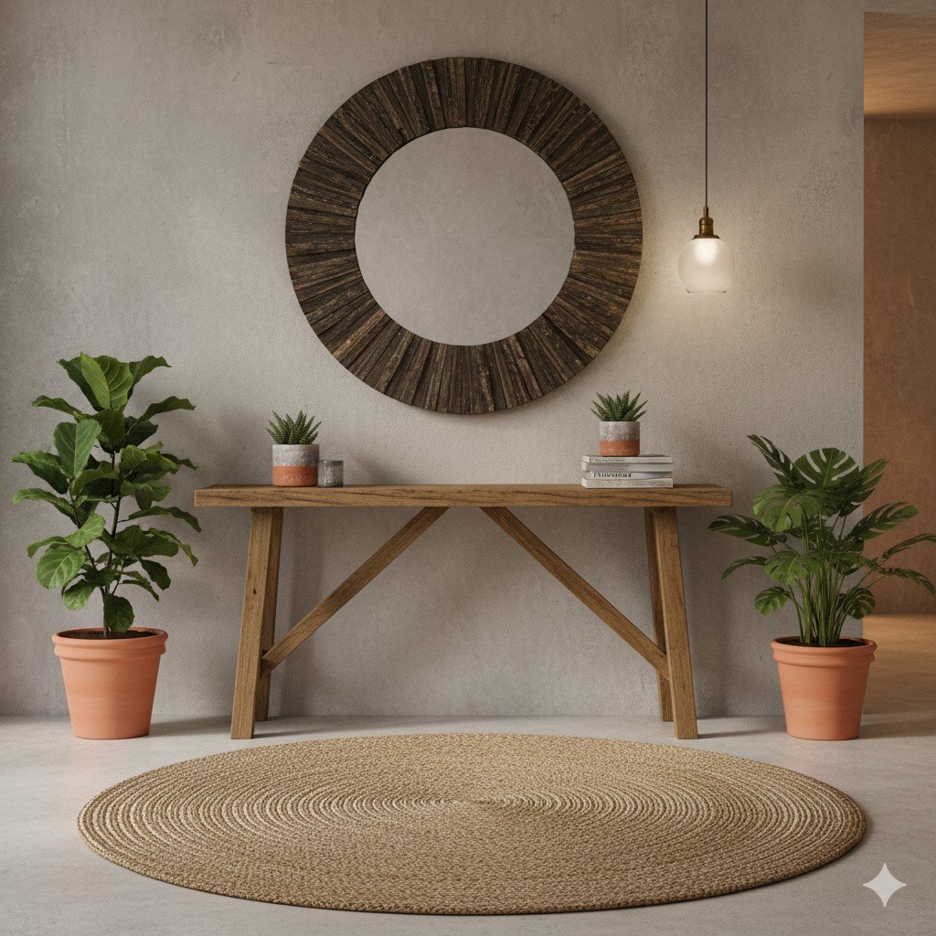 Vista ampla de hall de entrada sustentável com espelho reciclado, tapete de fibras naturais e plantas.