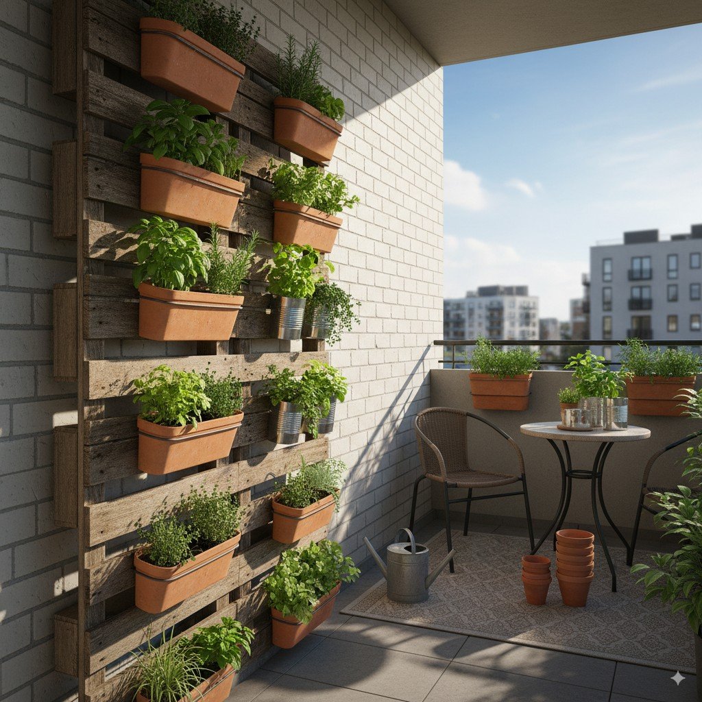 Varanda com horta vertical sustentável feita com pallets reaproveitados e temperos verdes frescos