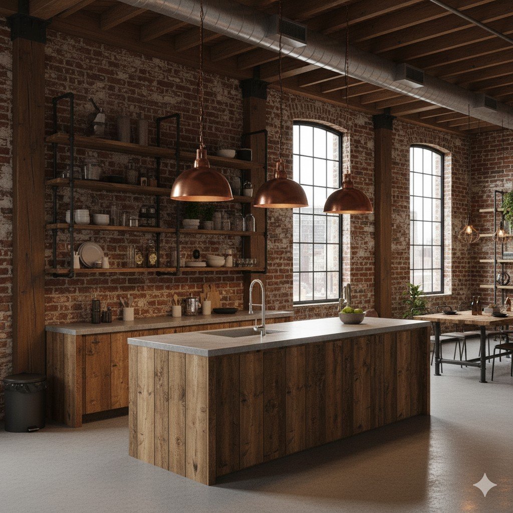 Foto realista de cozinha industrial sustentável com prateleiras de ferro reciclado e iluminação pendente em cobre.