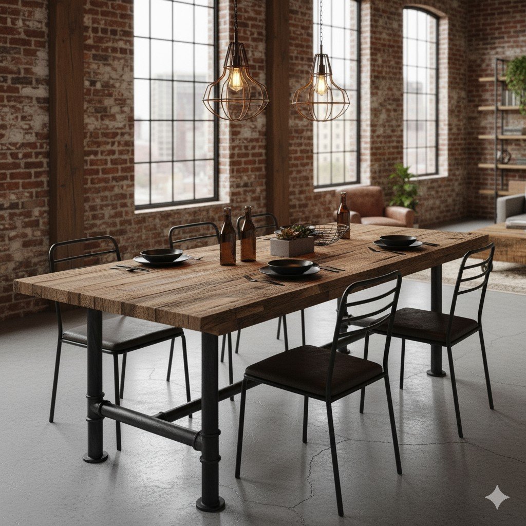 Foto realista de mesa de jantar feita com madeira de demolição e base metálica preta reciclada.