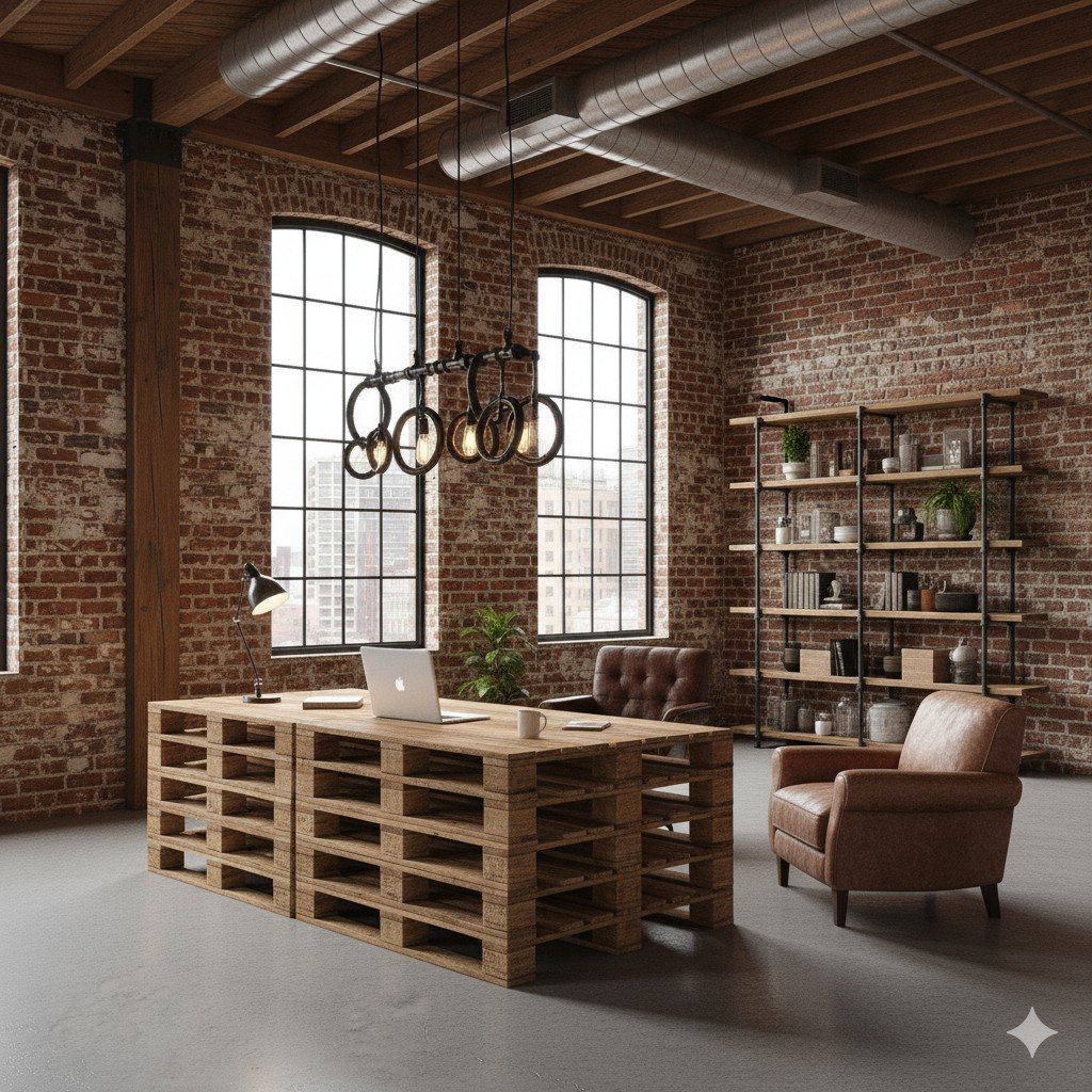 Foto realista de home office estilo industrial sustentável com mesa de pallets e luminária de canos metálicos reciclados.