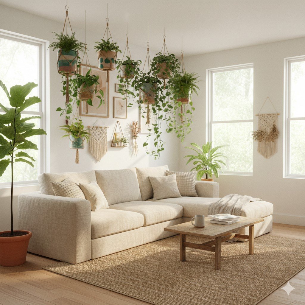 Foto realista de sala com sofá neutro, plantas suspensas em vasos reciclados e iluminação natural. Decoração Sustentável
