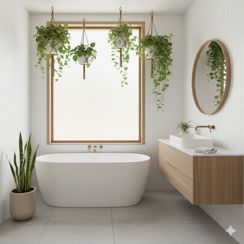 Foto realista de banheiro claro e arejado com plantas suspensas e decoração minimalista.