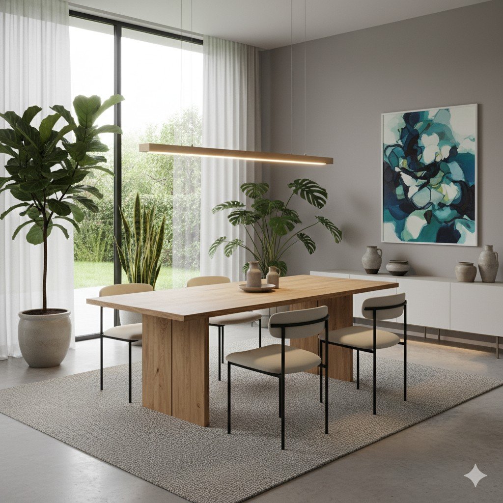 Foto realista de sala de jantar moderna com mesa de madeira certificada, iluminação LED e plantas decorativas. sala de jantar sustentável