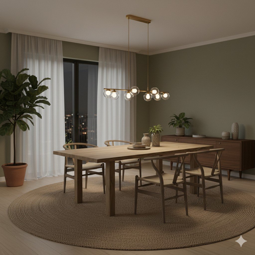 Vista ampla de sala de jantar sustentável à noite, com iluminação LED suave e tapete de fibras.