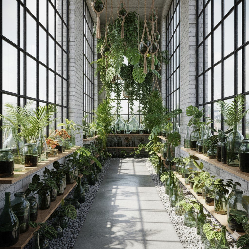 Foto realista de jardim de inverno em corredor iluminado com vasos de vidro reciclados e plantas tropicais.