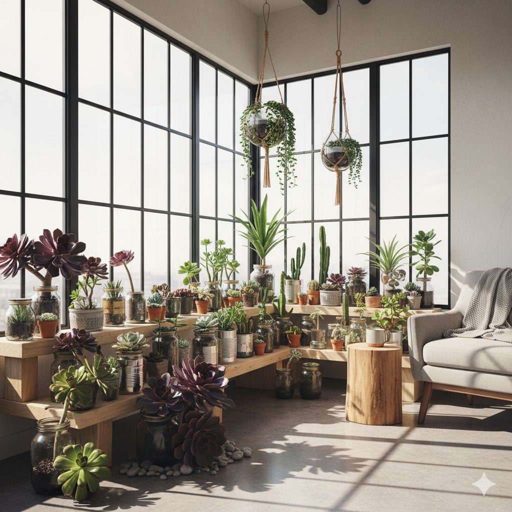 Foto realista de sala com jardim de inverno no canto, combinando suculentas, vasos reciclados e iluminação natural.