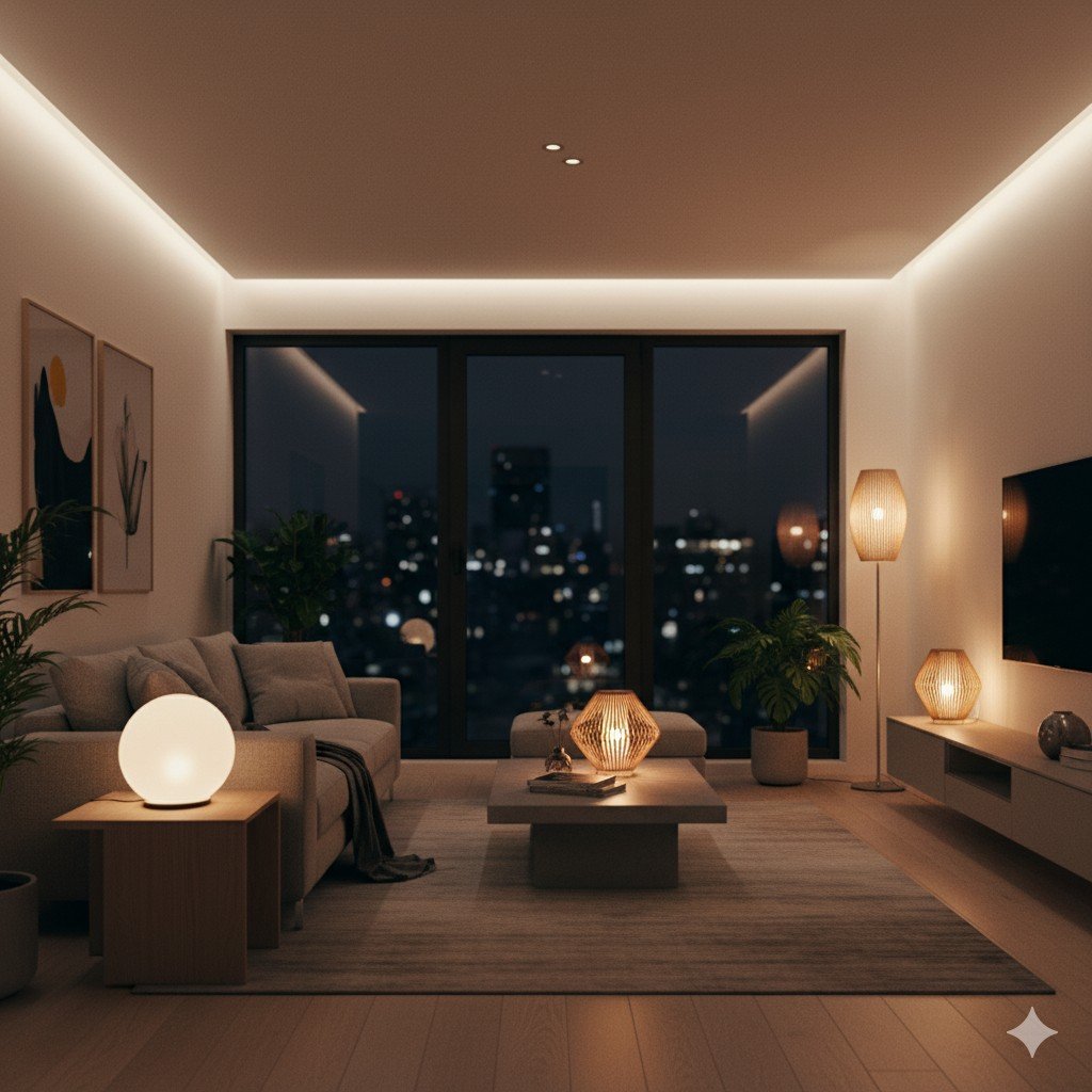 Sala moderna iluminada com LED embutido e abajures solares decorativos. iluminação sustentável