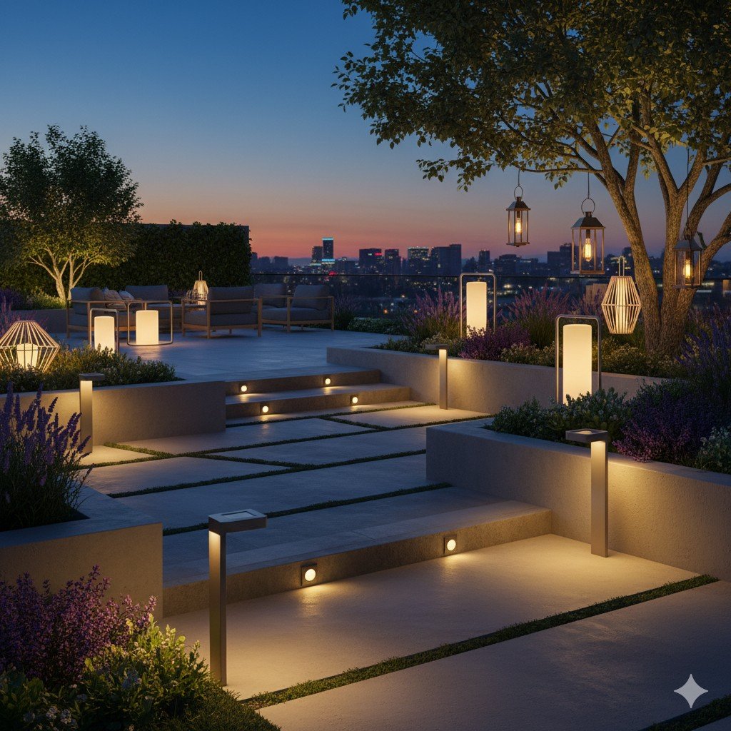 Jardim iluminado à noite por luminárias solares embutidas no gramado. iluminação sustentável