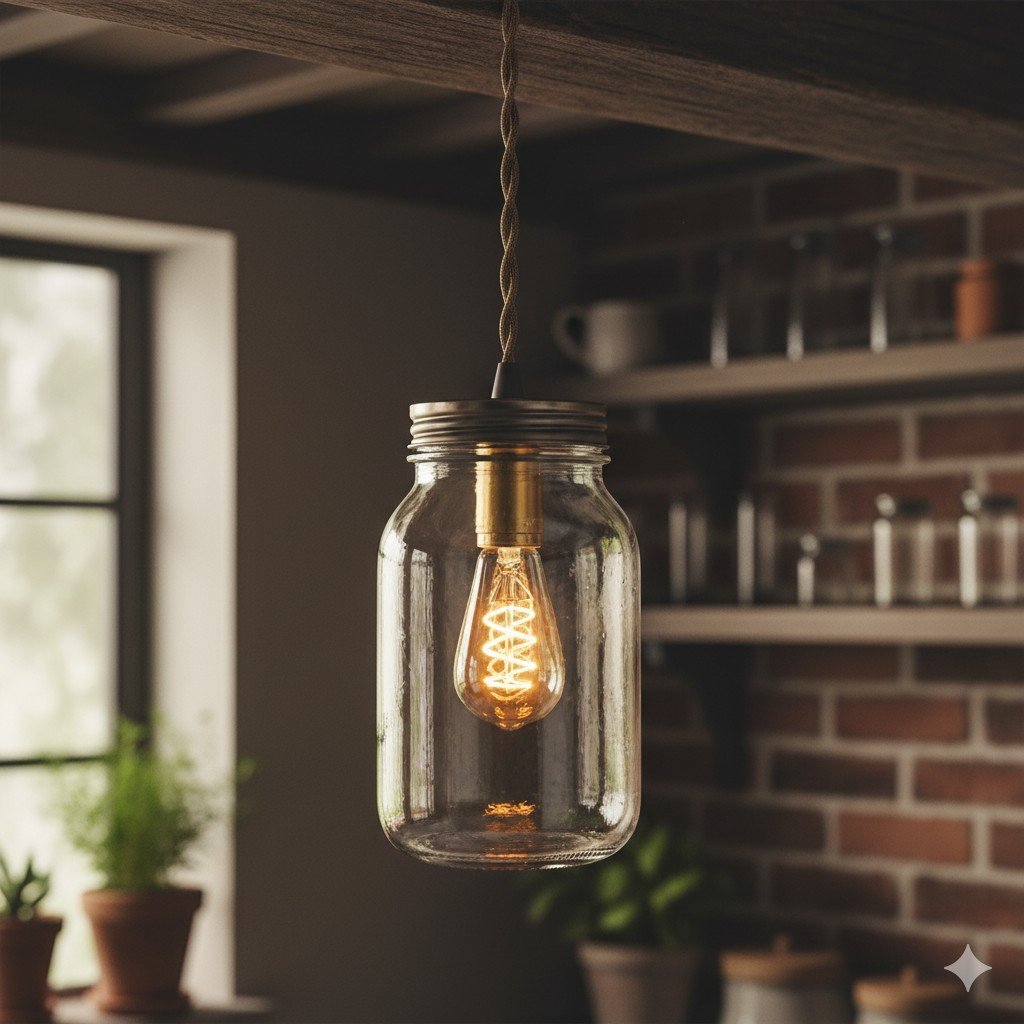 Foto realista de luminária pendente feita com pote de vidro reutilizado e lâmpada LED quente. luminárias sustentáveis