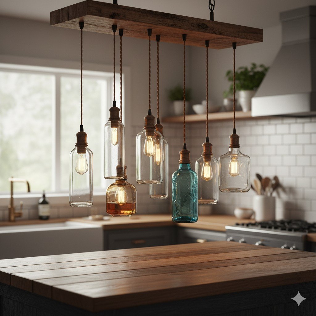 Conjunto de luminárias feitas com garrafas de vidro recicladas penduradas sobre bancada de cozinha.