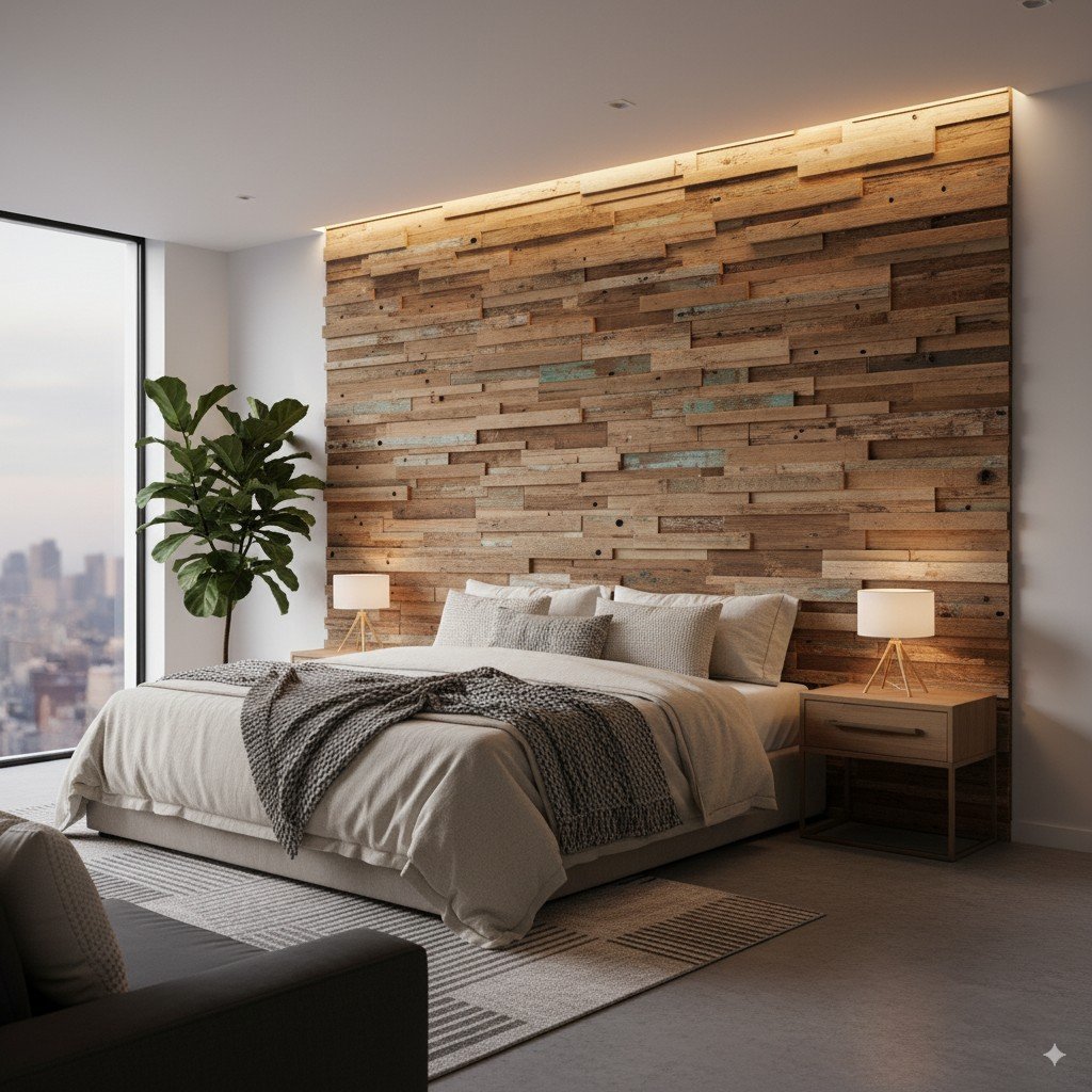 Foto realista de cabeceira de cama feita com tábuas de madeira de demolição em quarto aconchegante.