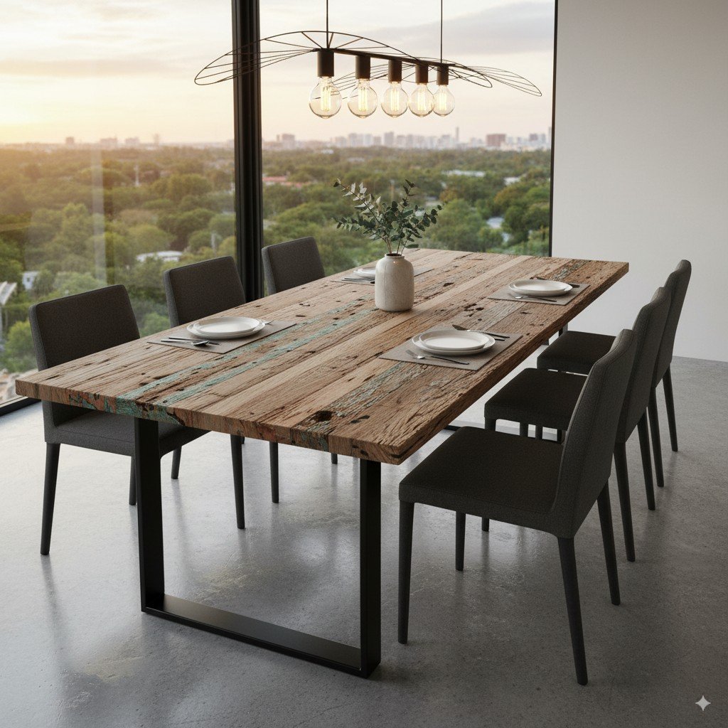 Foto realista de mesa de jantar moderna feita com madeira de demolição reaproveitada. madeira de demolição