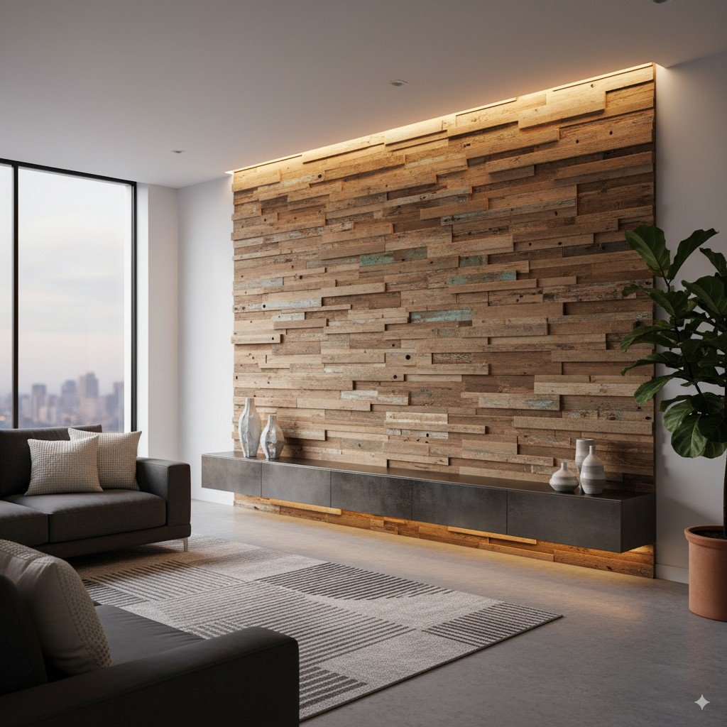 Foto realista de painel de parede em sala moderna feito de madeira de demolição.