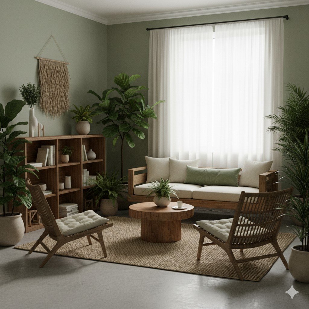 Foto realista de sala organizada com poucos móveis ecológicos e plantas naturais. minimalismo sustentável