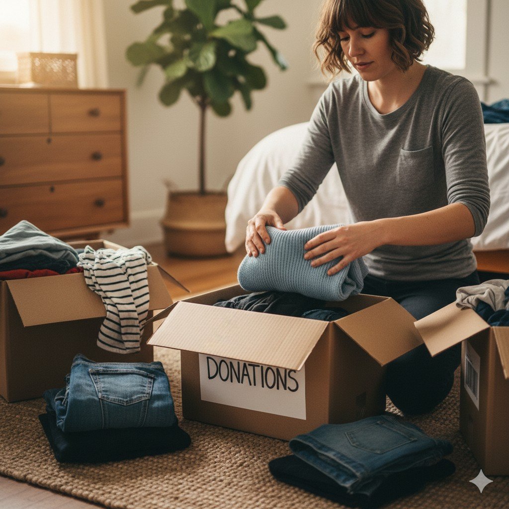 Close‑up realista de pessoa separando roupas para doação.