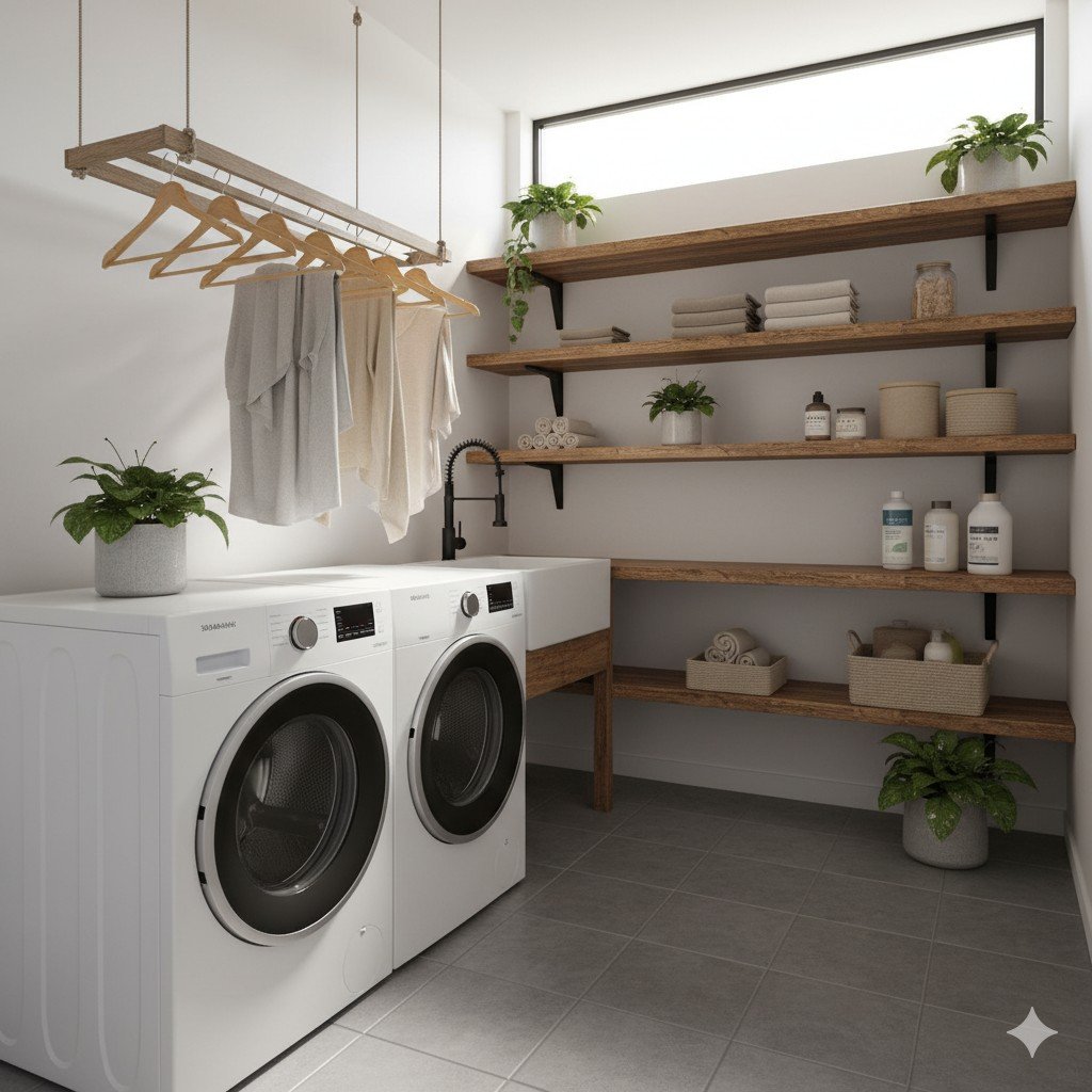 Lavanderia compacta com máquina eficiente, prateleiras de madeira reciclada e luz natural.