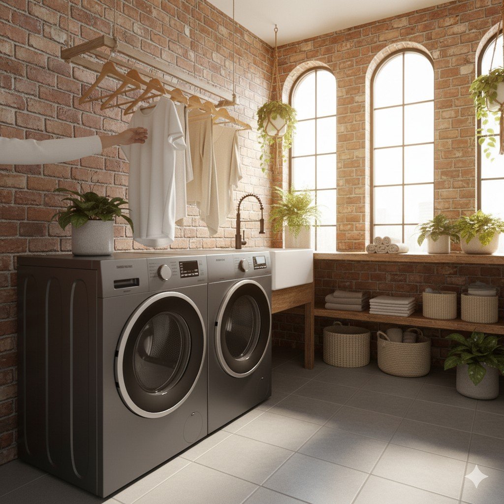 Lavanderia com varal de teto e pintura clara aproveitando a luz solar.