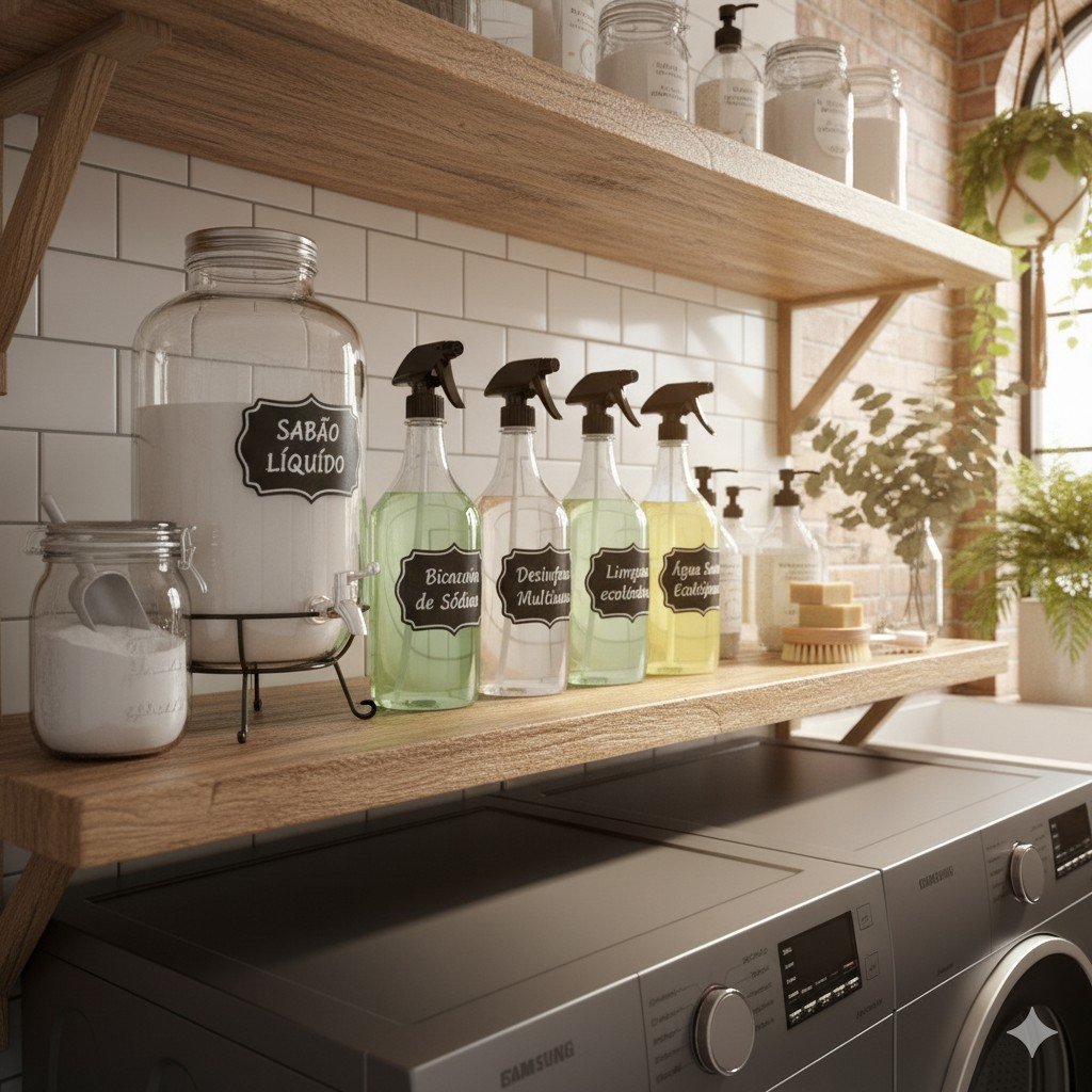 Prateleira com produtos naturais e embalagens de vidro reutilizadas.