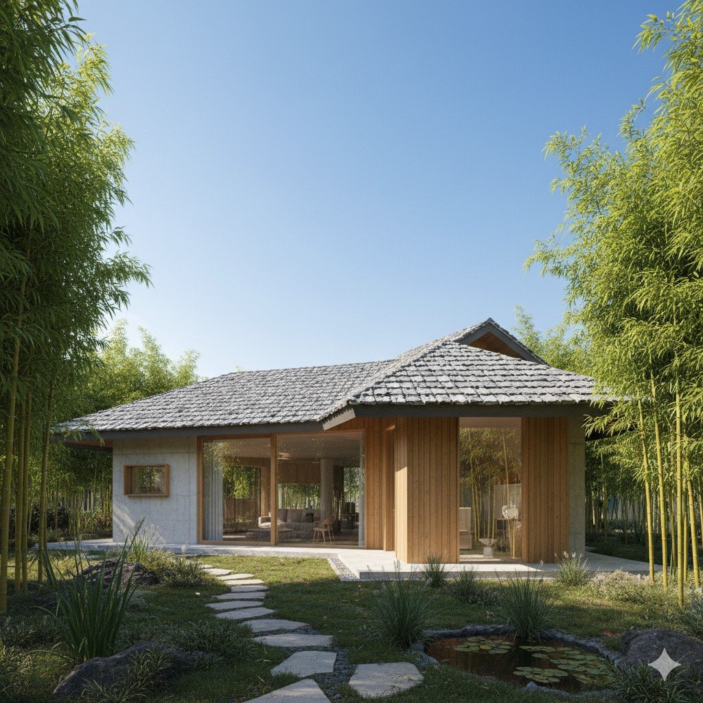 Casa moderna sustentável com telhado de telhas recicladas e bambu no jardim Vista ampla realista de casa moderna com telhado sustentável feito de telhas recicladas e bambu no jardim.