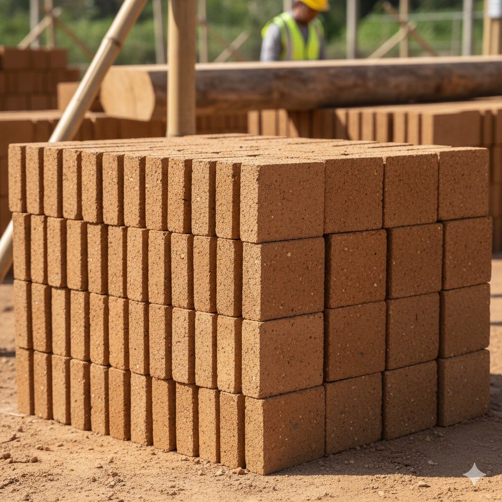 Tijolos ecológicos de solo-cimento empilhados em obra de construção sustentável Close-up realista de tijolos ecológicos de solo-cimento empilhados em uma obra.