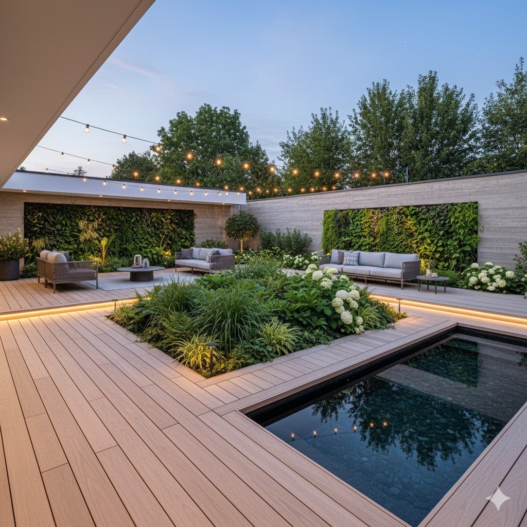 Foto realista de quintal moderno com jardim verde, deck de madeira ecológica e iluminação solar. quintal sustentável