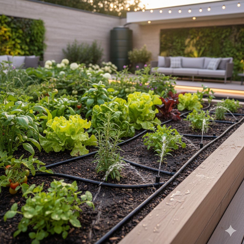Sistema de irrigação por gotejamento instalado em quintal com horta orgânica. quintal sustentável